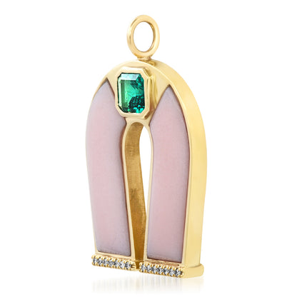 Sig Ward Jewelry 14K Yellow Gold Emerald and Pink Opal Horseshoe Necklace  pendant