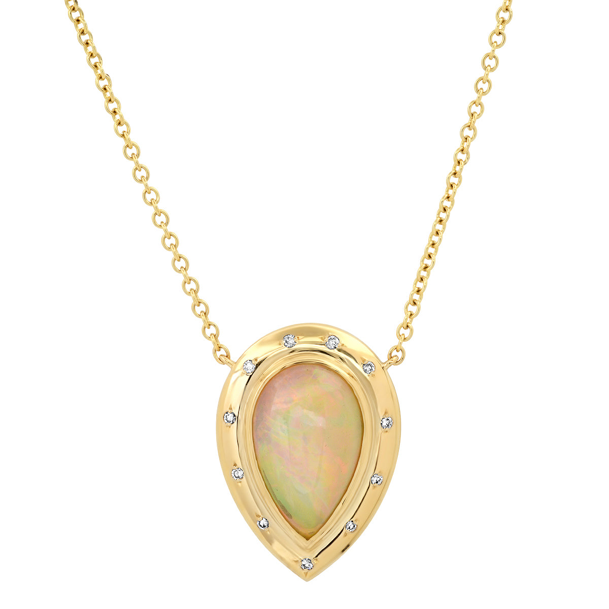 Sig Ward Jewelry 14K yellow gold necklace featuring Ethiopian opal and diamond accents, a luxury gemstone jewelry piece with an elegant and timeless design.
