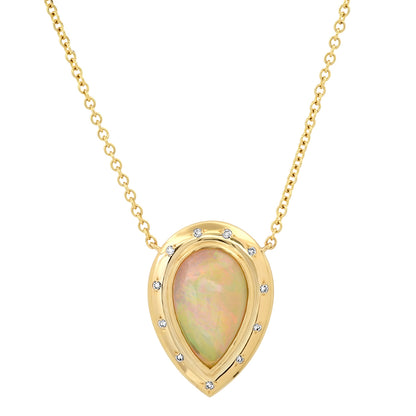 Sig Ward Jewelry 14K yellow gold necklace featuring Ethiopian opal and diamond accents, a luxury gemstone jewelry piece with an elegant and timeless design.