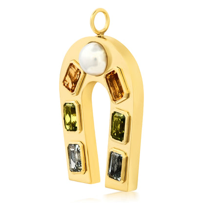 Sig Ward Jewelry 14K yellow gold horseshoe charm featuring freshwater pearl, citrine, peridot, and aquamarine gemstones, a luxury gemstone jewelry piece with an elegant design symbolizing luck, protection, and timeless beauty.