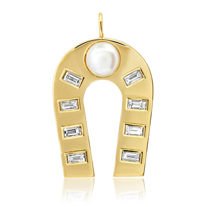 Sig Ward Jewelry 14K yellow gold horseshoe charm featuring freshwater pearl and diamond accents, a luxury fine jewelry piece with an elegant design symbolizing luck, protection, and timeless beauty.