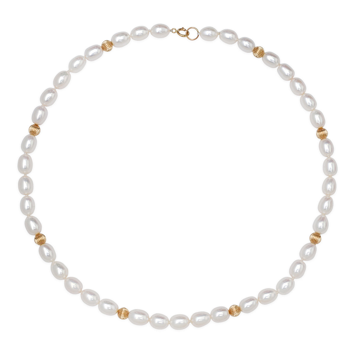 Sig Ward Jewelry 14K yellow gold necklace featuring freshwater pearls and reeded gold bead details, a luxury fine jewelry piece with an elegant and timeless design.