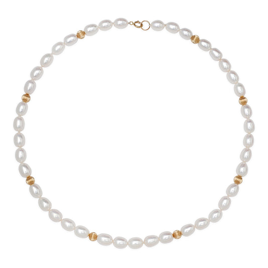 Sig Ward Jewelry 14K yellow gold necklace featuring freshwater pearls and reeded gold bead details, a luxury fine jewelry piece with an elegant and timeless design.