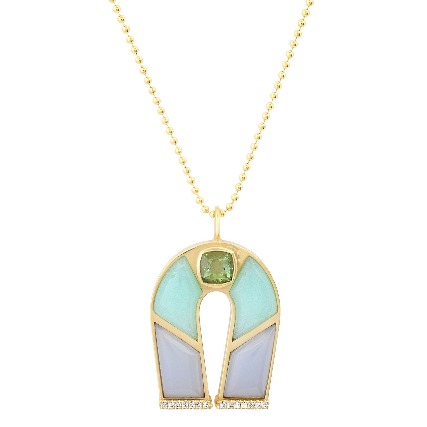 14K Yellow Gold Horseshoe Necklace Featuring Green Tourmaline, Chrysoprase, And Lavender Opal By Sig Ward Jewelry.