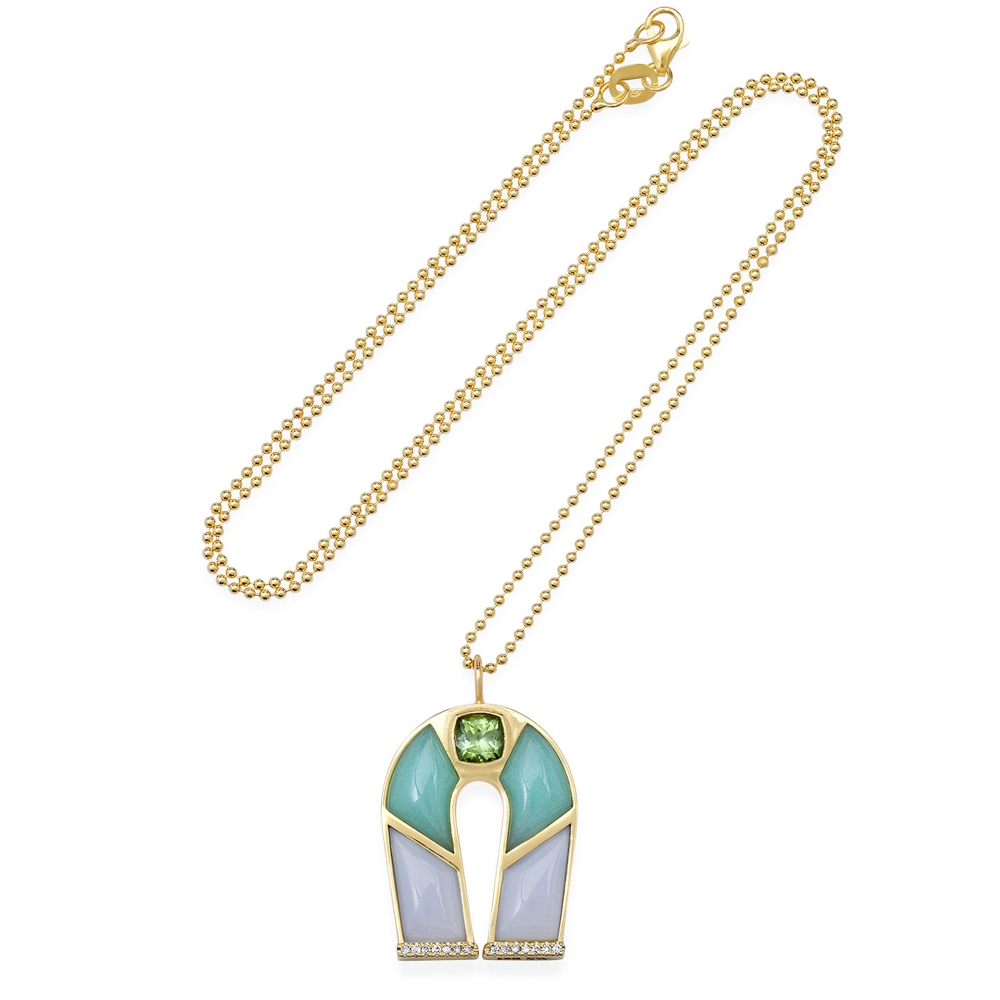 14K Yellow Gold Horseshoe Necklace Featuring Green Tourmaline, Chrysoprase, And Lavender Opal By Sig Ward Jewelry.