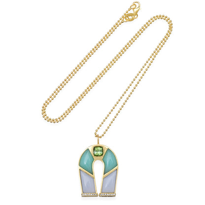 14K Yellow Gold Horseshoe Necklace Featuring Green Tourmaline, Chrysoprase, And Lavender Opal By Sig Ward Jewelry.