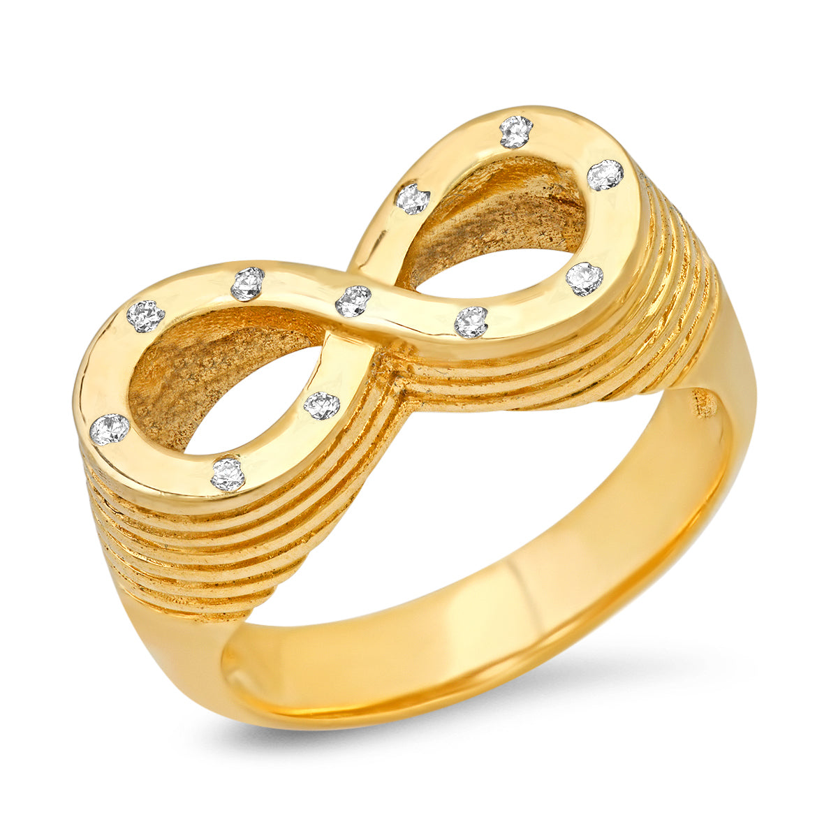 Sig Ward Jewelry 14K yellow gold infinity ring featuring gypsy set diamonds, a luxury fine jewelry piece with an elegant and timeless design.