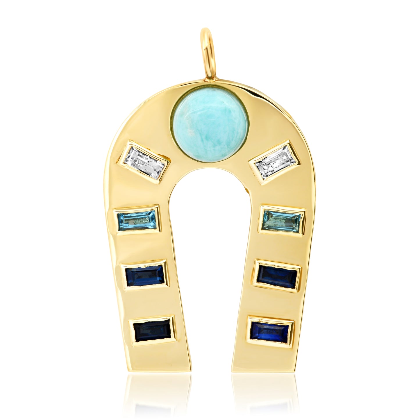 Sig Ward Jewelry 14K yellow gold horseshoe charm featuring larimar, sapphire, topaz, and diamond accents, a luxury gemstone jewelry piece with an elegant design symbolizing luck, protection, and timeless beauty.
