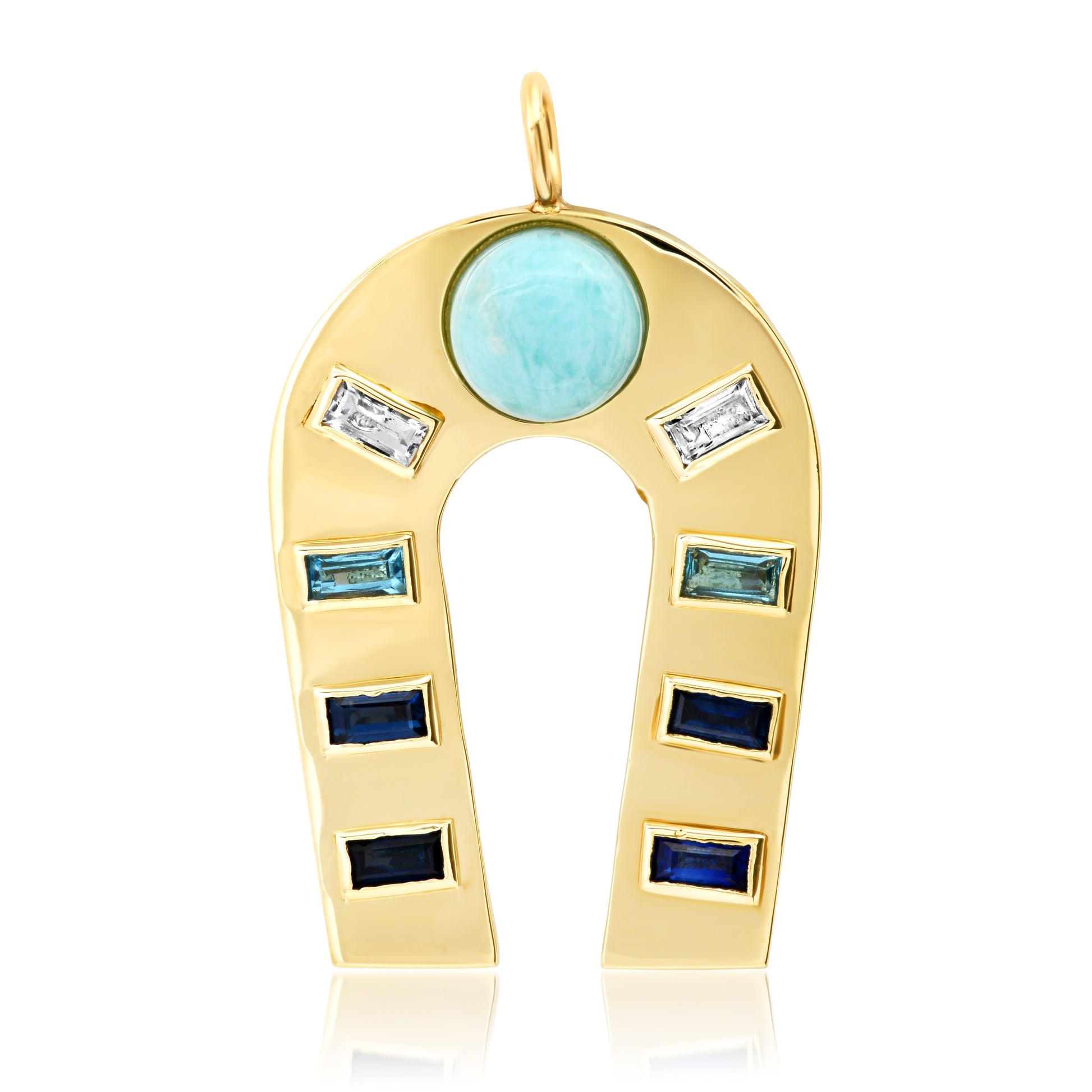 Sig Ward Jewelry 14K yellow gold horseshoe charm featuring larimar, sapphire, topaz, and diamond accents, a luxury gemstone jewelry piece with an elegant design symbolizing luck, protection, and timeless beauty.