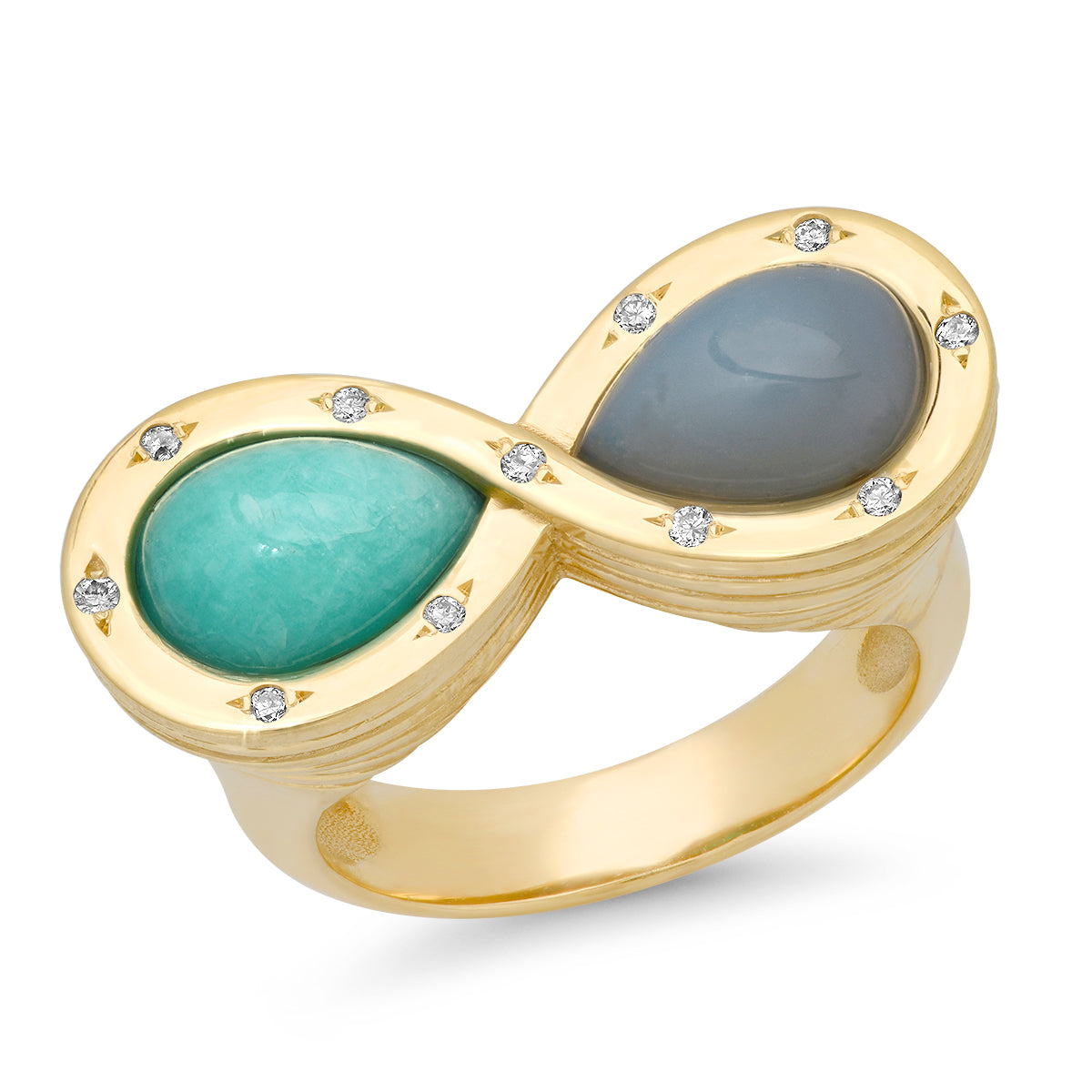 Sig Ward Jewelry 14K yellow gold infinity ring featuring lavender opal, amazonite, and diamond accents, a luxury gemstone ring with an elegant and timeless design.