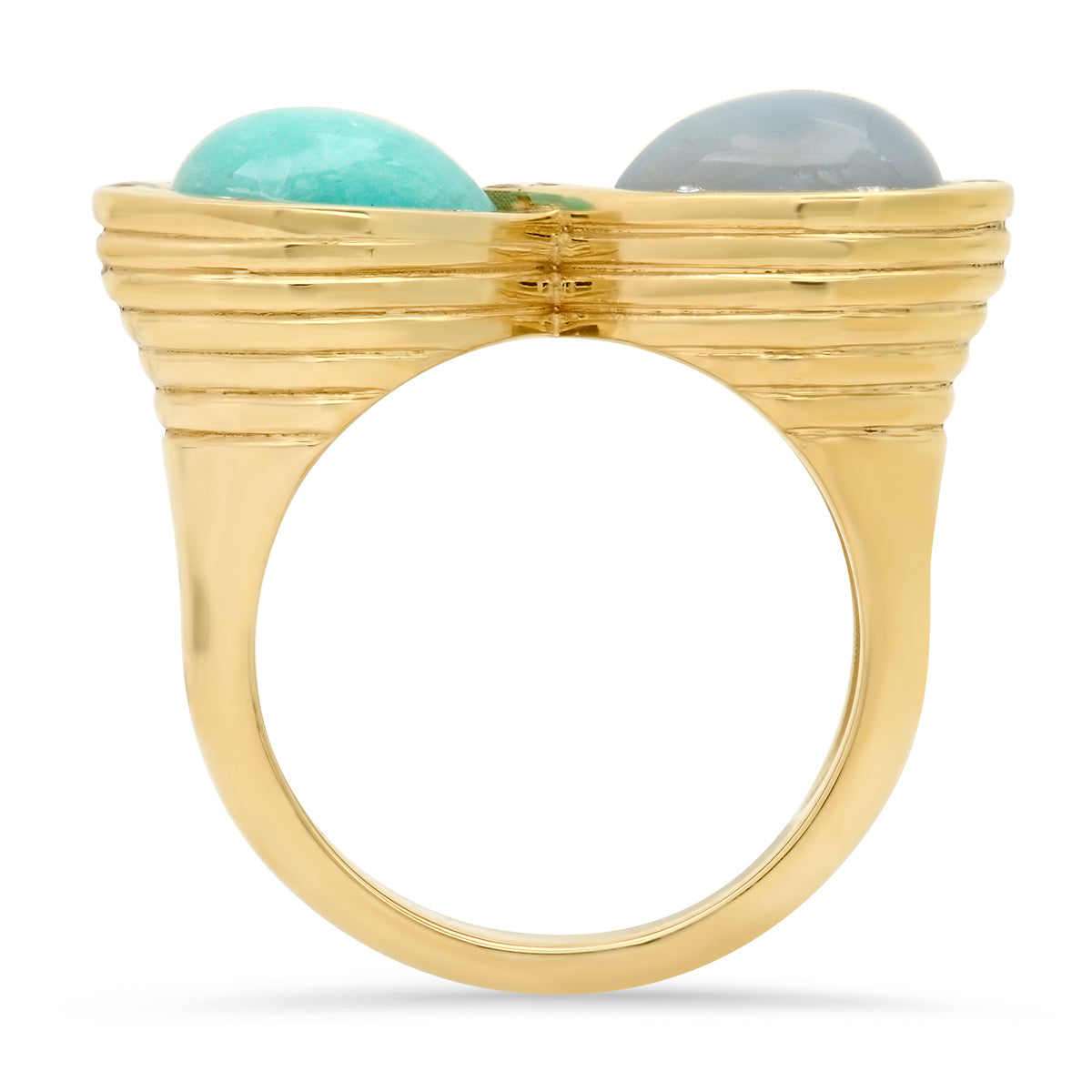 Sig Ward Jewelry 14K yellow gold infinity ring featuring lavender opal, amazonite, and diamond accents, a luxury gemstone ring with an elegant and timeless design.