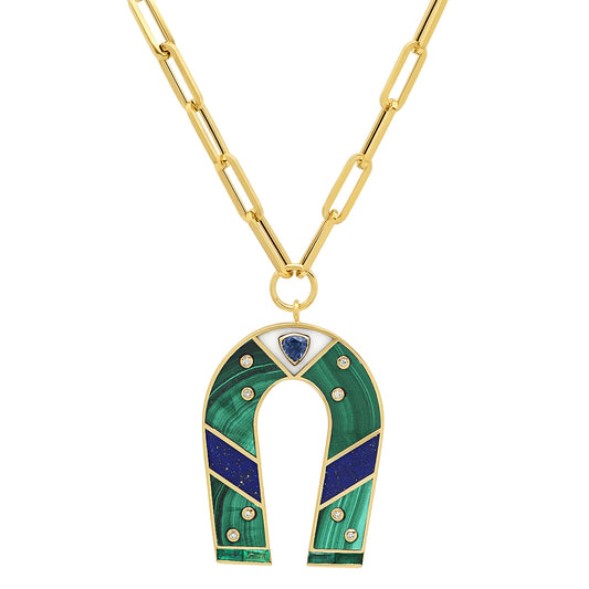 Sig Ward Jewelry 14K yellow gold horseshoe necklace featuring malachite and lapis inlay gemstones, a luxury gemstone jewelry piece with an elegant design symbolizing luck, protection, and timeless beauty.