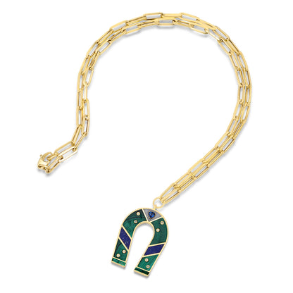 Sig Ward Jewelry 14K yellow gold horseshoe necklace featuring malachite and lapis inlay gemstones, a luxury gemstone jewelry piece with an elegant design symbolizing luck, protection, and timeless beauty.