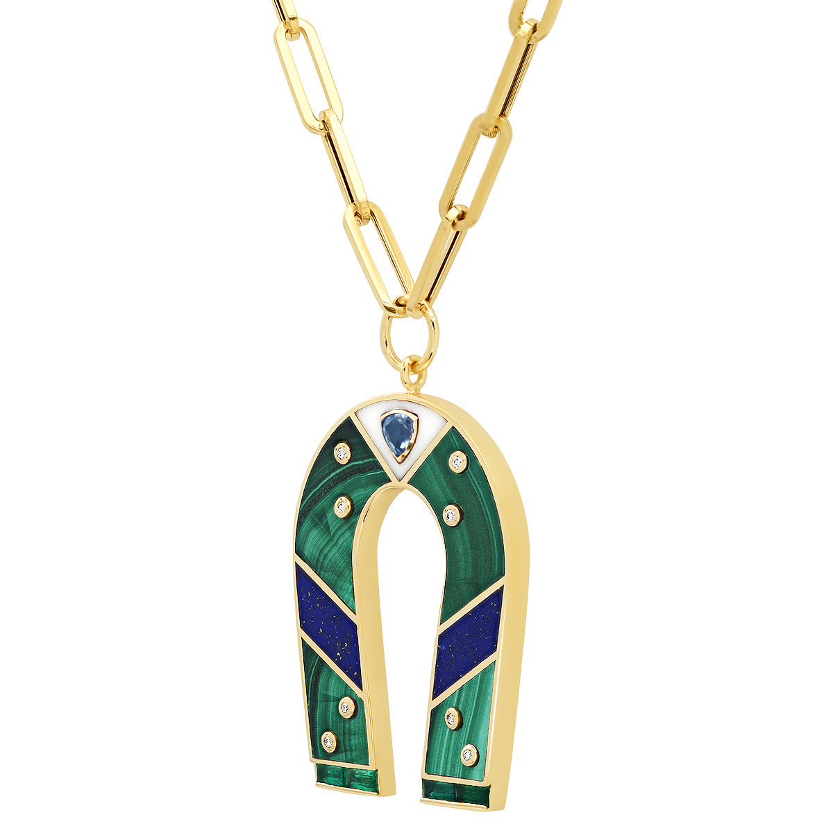 Sig Ward Jewelry 14K yellow gold horseshoe necklace featuring malachite and lapis inlay gemstones, a luxury gemstone jewelry piece with an elegant design symbolizing luck, protection, and timeless beauty.