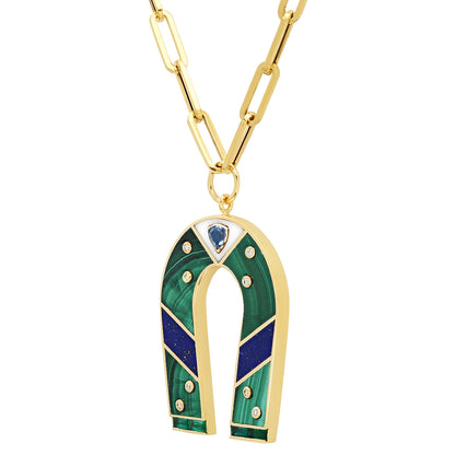 Sig Ward Jewelry 14K yellow gold horseshoe necklace featuring malachite and lapis inlay gemstones, a luxury gemstone jewelry piece with an elegant design symbolizing luck, protection, and timeless beauty.