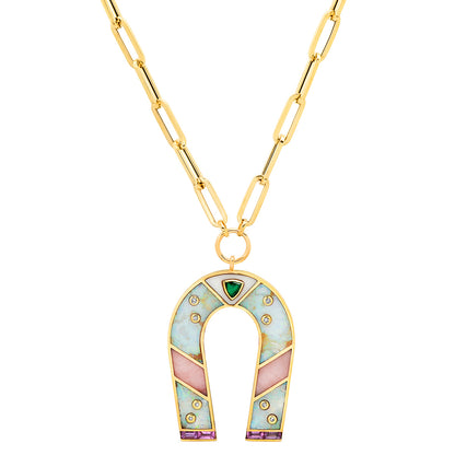 Sig Ward Jewelry 14K yellow gold horseshoe necklace featuring mini opal and pink opal gemstones, a luxury fine jewelry piece with an elegant design symbolizing luck, protection, and timeless beauty.