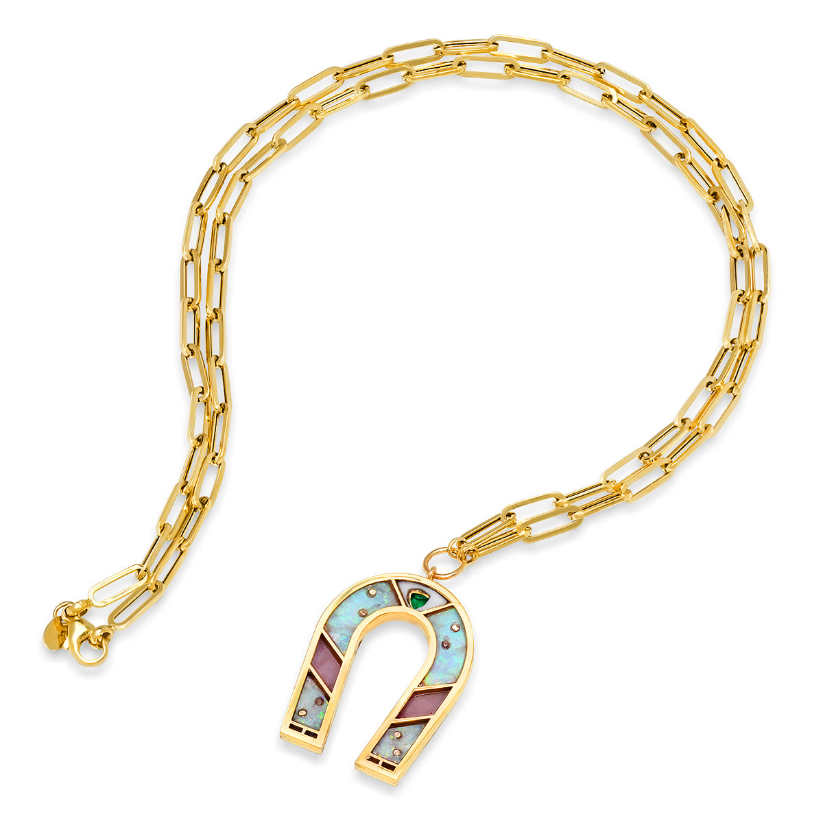 Sig Ward Jewelry 14K yellow gold horseshoe necklace featuring mini opal and pink opal gemstones, a luxury fine jewelry piece with an elegant design symbolizing luck, protection, and timeless beauty.