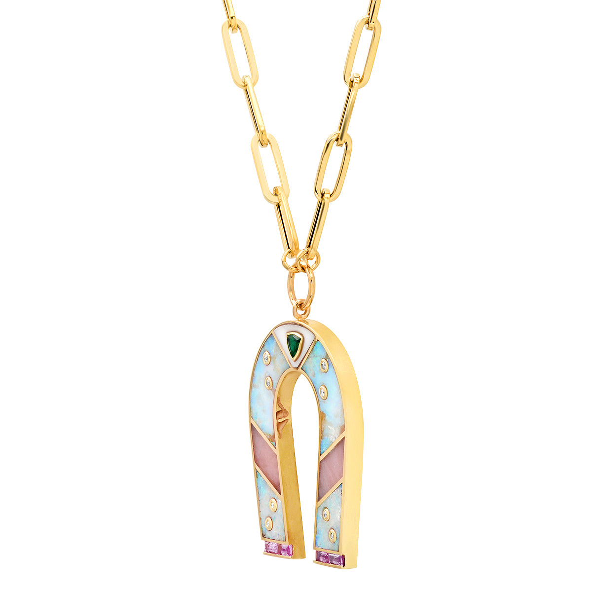 Sig Ward Jewelry 14K yellow gold horseshoe necklace featuring mini opal and pink opal gemstones, a luxury fine jewelry piece with an elegant design symbolizing luck, protection, and timeless beauty.