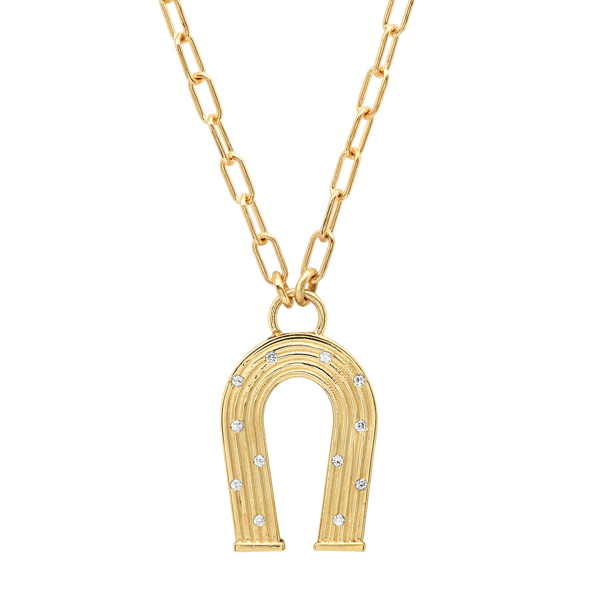 Sig Ward Jewelry 14K yellow gold mini horseshoe necklace featuring reeded gold detailing and diamond accents, a luxury fine jewelry piece with an elegant design symbolizing luck, protection, and timeless beauty.