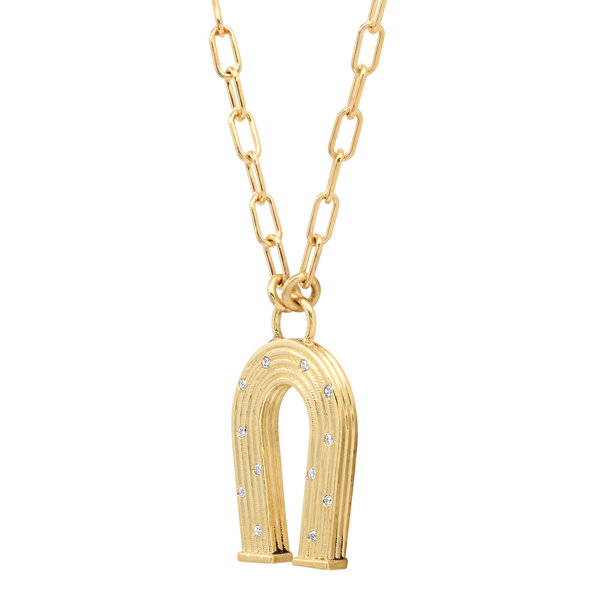 Sig Ward Jewelry 14K yellow gold mini horseshoe necklace featuring reeded gold detailing and diamond accents, a luxury fine jewelry piece with an elegant design symbolizing luck, protection, and timeless beauty.