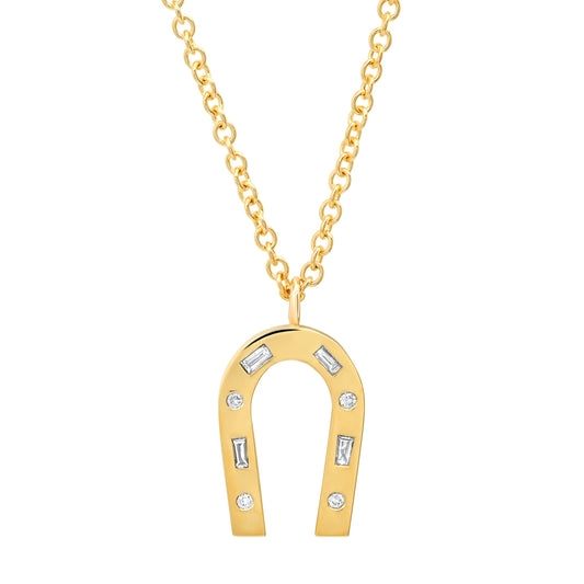 Sig Ward Jewelry 14K yellow gold horseshoe necklace featuring mixed diamond accents, a luxury fine jewelry piece with an elegant design symbolizing luck, protection, and timeless beauty.