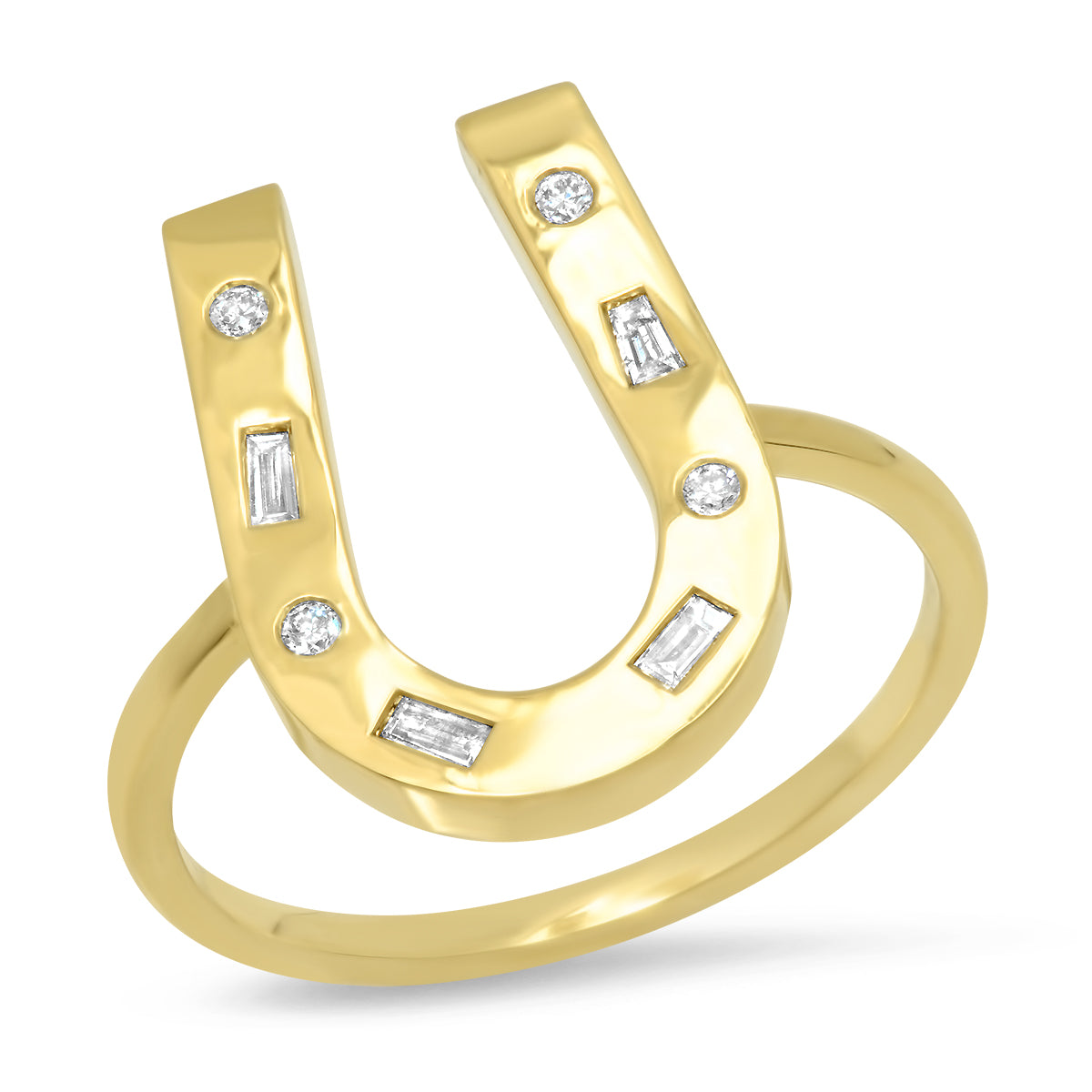 Sig Ward Jewelry 14K yellow gold horseshoe ring featuring mixed diamond accents, a luxury fine jewelry piece with an elegant design symbolizing luck, protection, and timeless beauty.