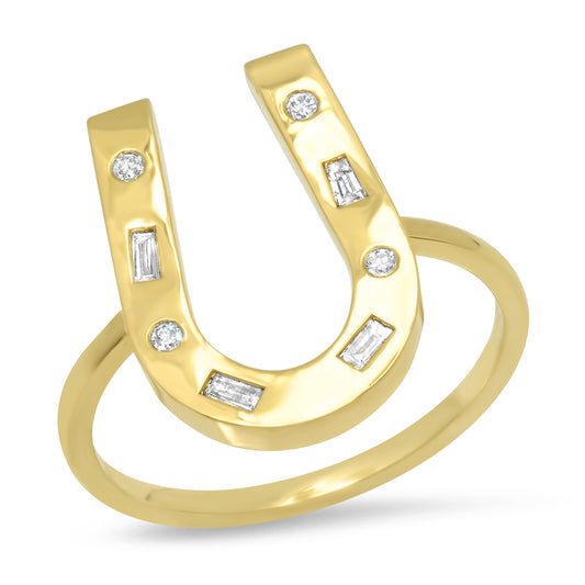 Sig Ward Jewelry 14K yellow gold horseshoe ring featuring mixed diamond accents, a luxury fine jewelry piece with an elegant design symbolizing luck, protection, and timeless beauty.