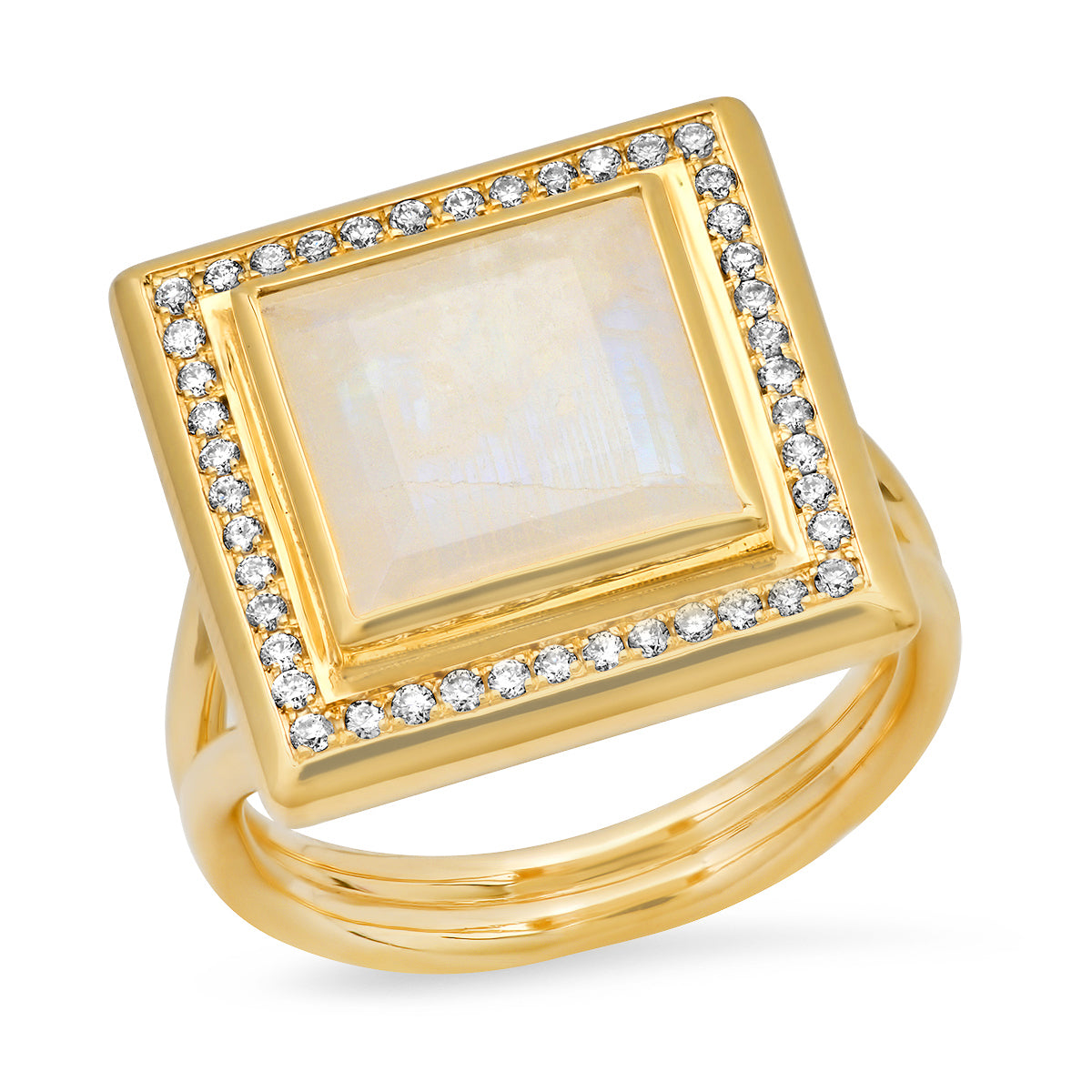 Sig Ward Jewelry 14K yellow gold ring featuring a moonstone center stone with diamond accents, a luxury fine jewelry piece with an elegant and timeless design.