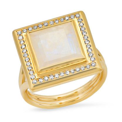 Sig Ward Jewelry 14K yellow gold ring featuring a moonstone center stone with diamond accents, a luxury fine jewelry piece with an elegant and timeless design.