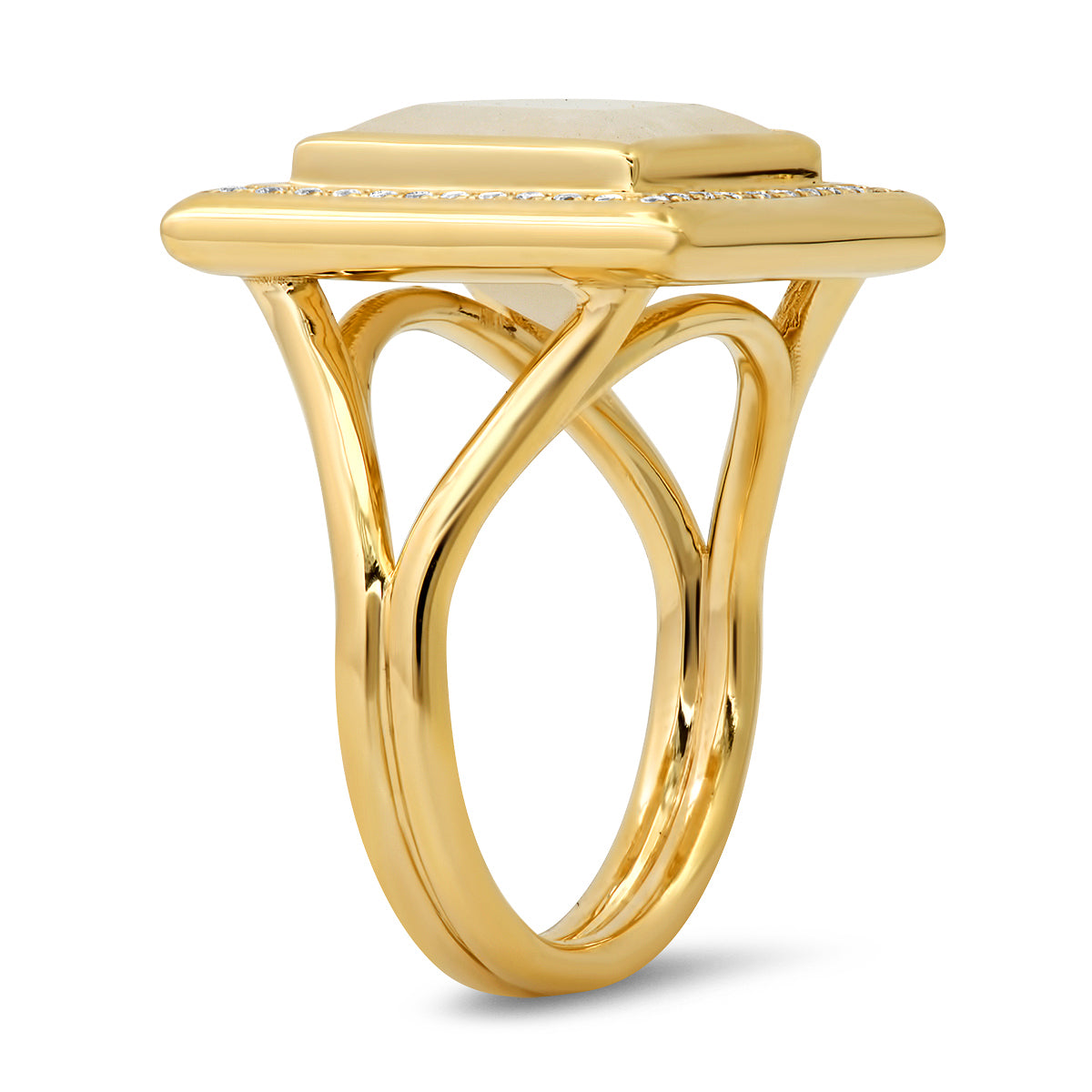 Sig Ward Jewelry 14K yellow gold ring featuring a moonstone center stone with diamond accents, a luxury fine jewelry piece with an elegant and timeless design.