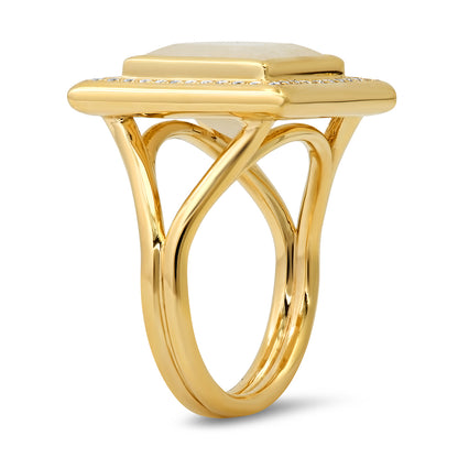 Sig Ward Jewelry 14K yellow gold ring featuring a moonstone center stone with diamond accents, a luxury fine jewelry piece with an elegant and timeless design.