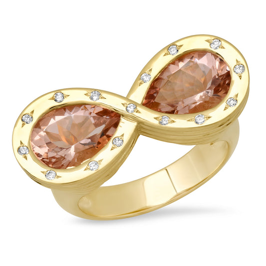 Sig Ward Jewelry 14K yellow gold infinity ring featuring morganite and diamond accents, a luxury gemstone ring with an elegant and timeless design.