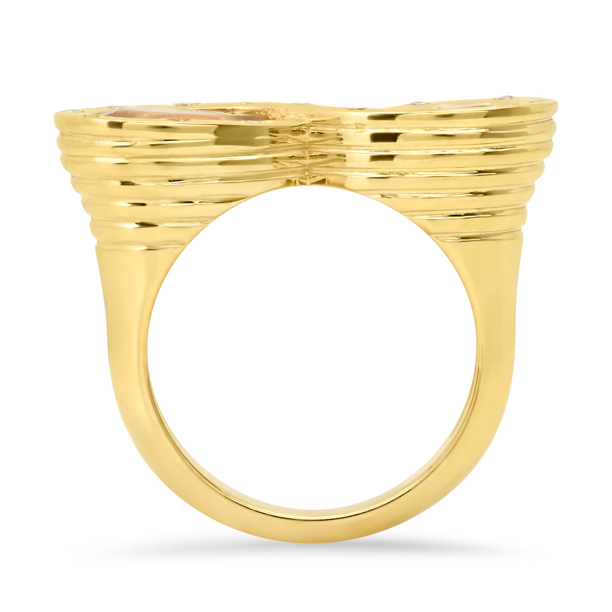 Sig Ward Jewelry 14K yellow gold infinity ring featuring morganite and diamond accents, a luxury gemstone ring with an elegant and timeless design.