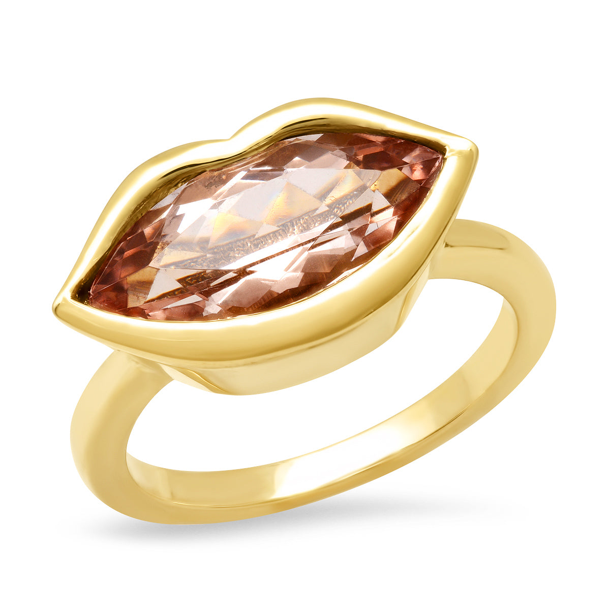 Sig Ward Jewelry 14K yellow gold kiss ring featuring a morganite gemstone, a luxury fine jewelry piece with an elegant and timeless design.