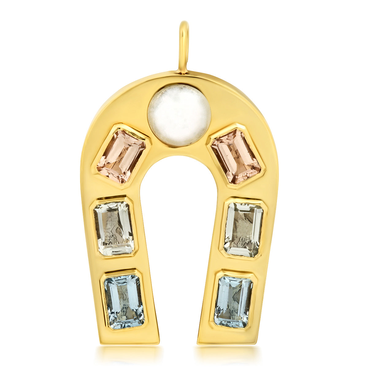Sig Ward Jewelry 14K yellow gold horseshoe charm featuring pearl, morganite, green amethyst, and aquamarine gemstones, a luxury gemstone jewelry piece with an elegant design symbolizing luck, protection, and timeless beauty.