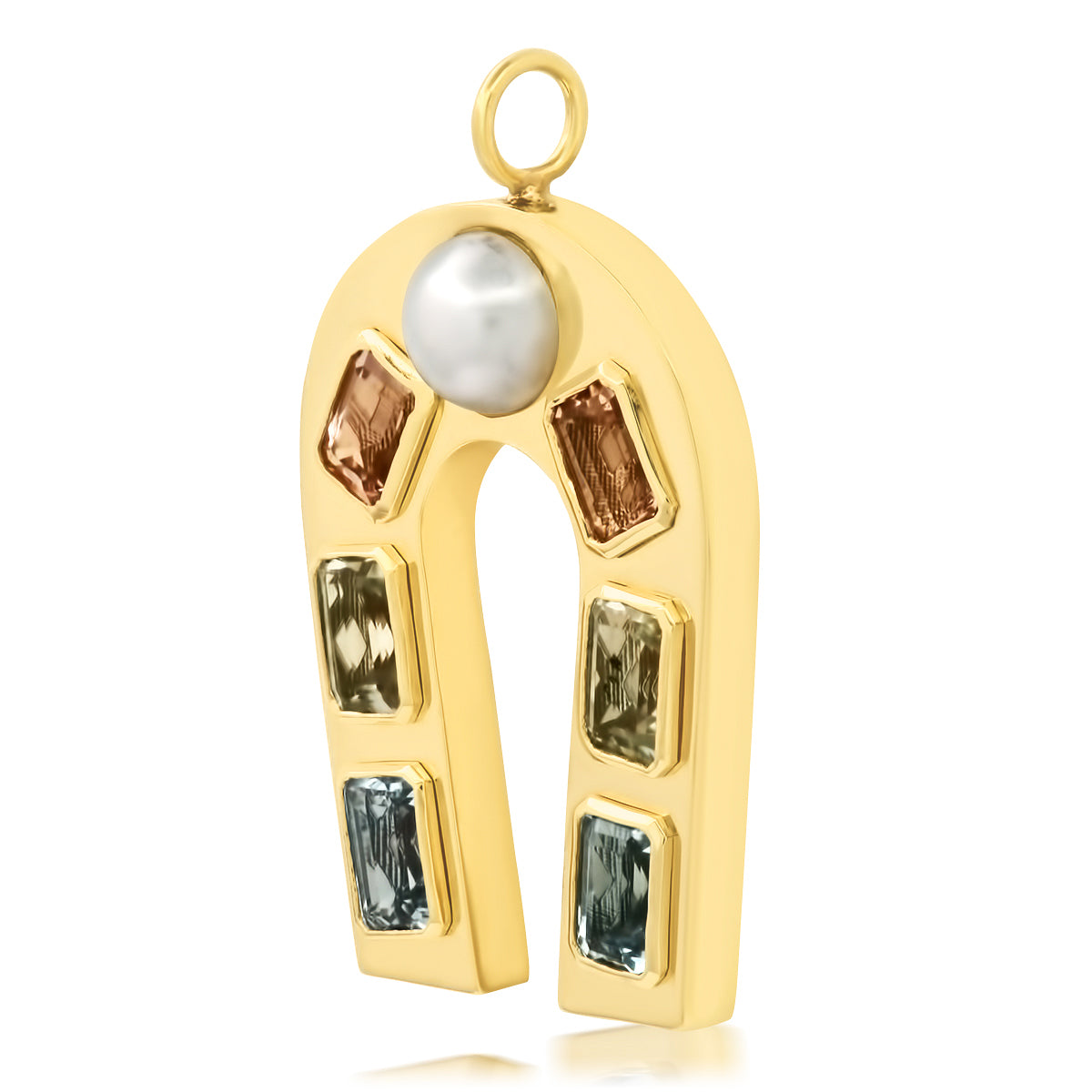 Sig Ward Jewelry 14K yellow gold horseshoe charm featuring pearl, morganite, green amethyst, and aquamarine gemstones, a luxury gemstone jewelry piece with an elegant design symbolizing luck, protection, and timeless beauty.
