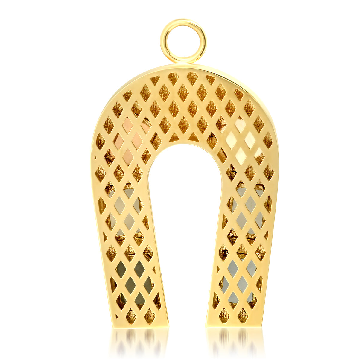 Sig Ward Jewelry 14K yellow gold horseshoe charm featuring pearl, ruby, pink sapphire, and diamond accents, a luxury gemstone jewelry piece with an elegant design symbolizing luck, protection, and timeless beauty.