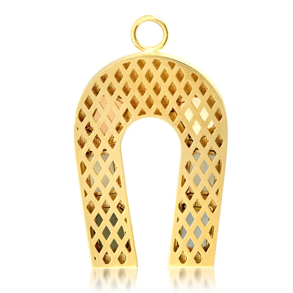 Sig Ward Jewelry 14K yellow gold horseshoe charm featuring pearl, ruby, pink sapphire, and diamond accents, a luxury gemstone jewelry piece with an elegant design symbolizing luck, protection, and timeless beauty.