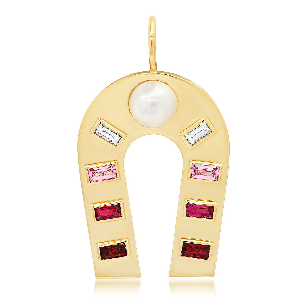 Sig Ward Jewelry 14K yellow gold horseshoe charm featuring pearl, ruby, pink sapphire, and diamond accents, a luxury gemstone jewelry piece with an elegant design symbolizing luck, protection, and timeless beauty.