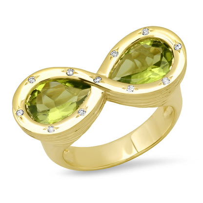 Sig Ward Jewelry 14K yellow gold infinity ring featuring peridot and diamond accents, a luxury gemstone ring with an elegant and timeless design.