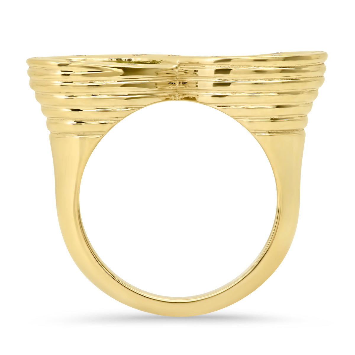 Sig Ward Jewelry 14K yellow gold infinity ring featuring peridot and diamond accents, a luxury gemstone ring with an elegant and timeless design.