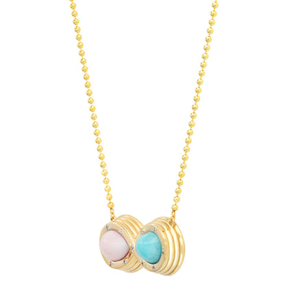 Sig Ward Jewelry 14K yellow gold infinity necklace featuring pink opal, amazonite, and diamond details, a luxury gemstone jewelry piece with a timeless and elegant design.