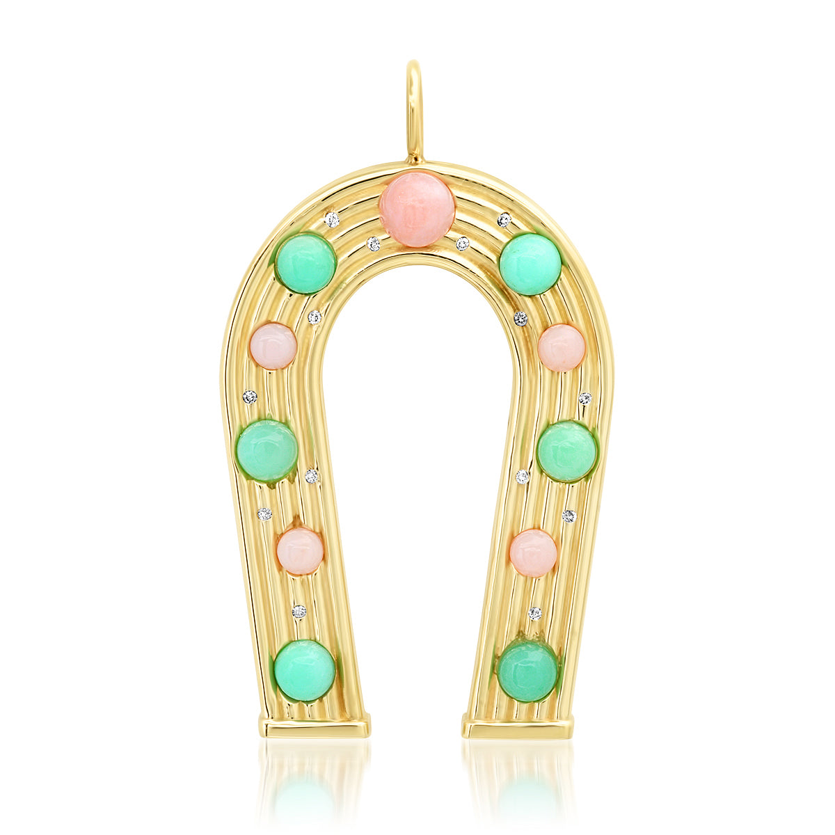 Sig Ward Jewelry 14K yellow gold horseshoe charm featuring pink opal, chrysoprase, and diamond details, a luxury gemstone jewelry piece with a timeless and elegant design.