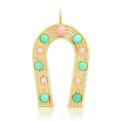 Sig Ward Jewelry 14K yellow gold horseshoe charm featuring pink opal, chrysoprase, and diamond details, a luxury gemstone jewelry piece with a timeless and elegant design.
