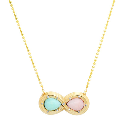 Sig Ward Jewelry 14K yellow gold infinity necklace featuring pink opal, chrysoprase, and diamond accents, a luxury gemstone necklace with a timeless and elegant design.