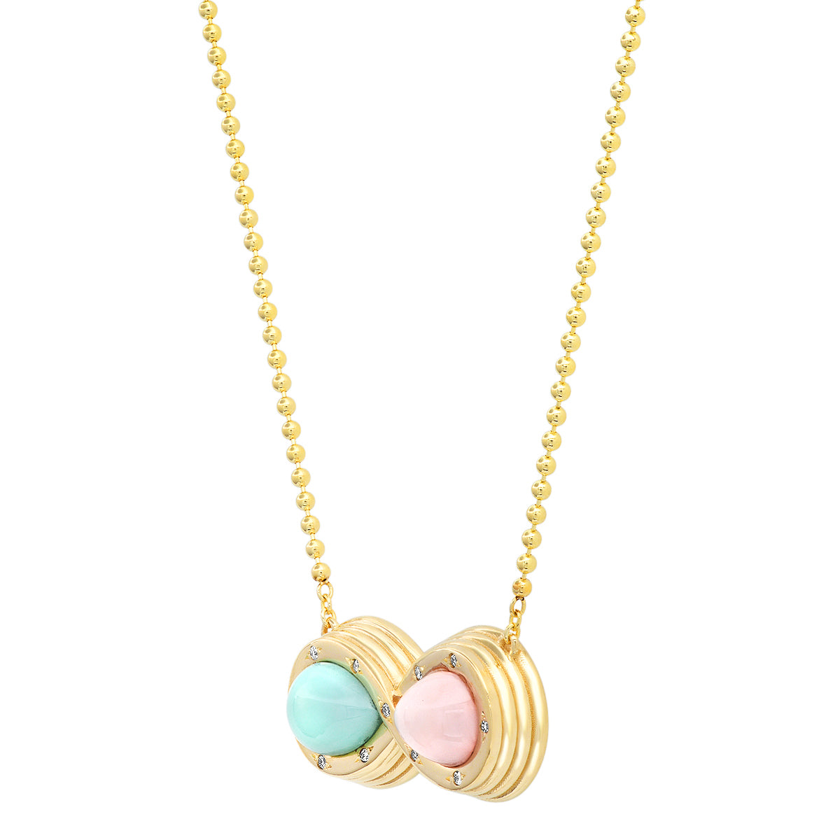 Sig Ward Jewelry 14K yellow gold infinity necklace featuring pink opal, chrysoprase, and diamond details, a luxury gemstone jewelry piece with an elegant and meaningful design.