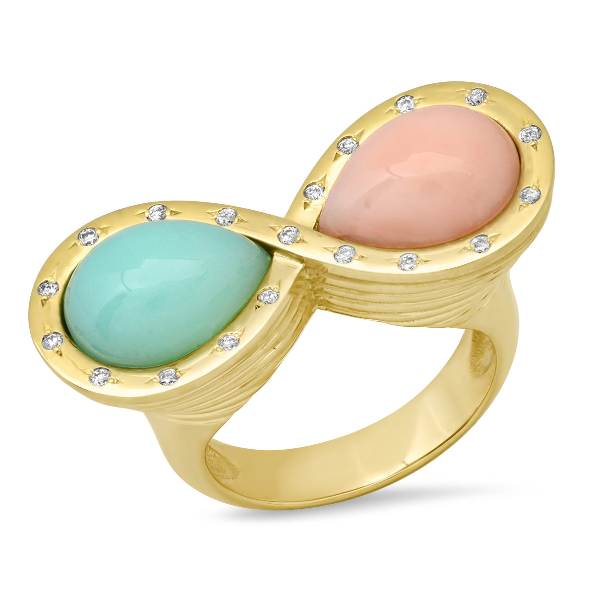 Sig Ward Jewelry 14K yellow gold infinity ring featuring pink opal, chrysoprase, and diamond accents, a luxury gemstone ring with an elegant and timeless design.