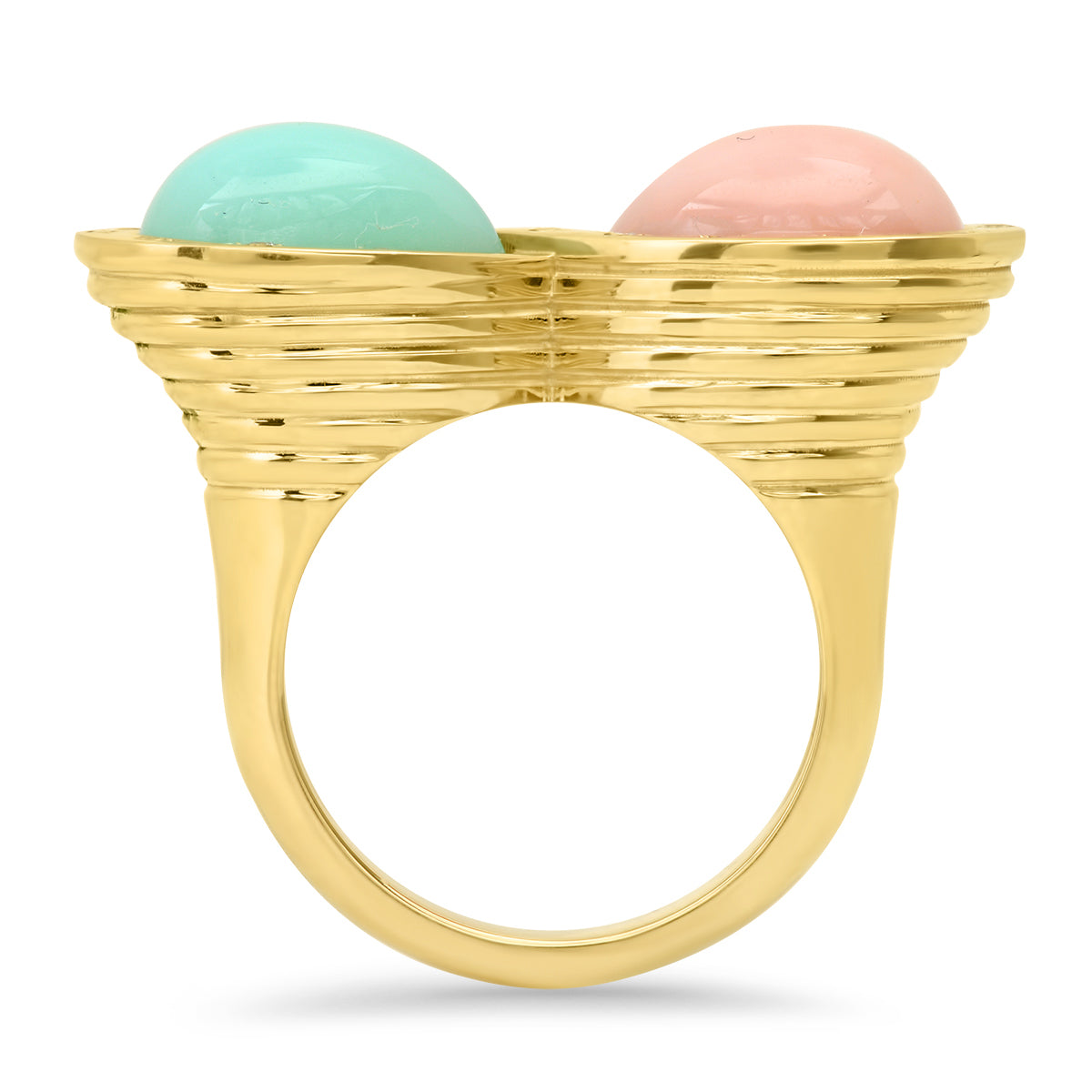Sig Ward Jewelry 14K yellow gold infinity ring featuring pink opal, chrysoprase, and diamond accents, a luxury gemstone ring with an elegant and timeless design.