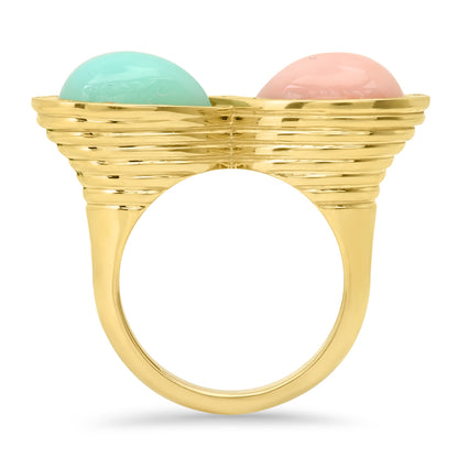 Sig Ward Jewelry 14K yellow gold infinity ring featuring pink opal, chrysoprase, and diamond accents, a luxury gemstone ring with an elegant and timeless design.