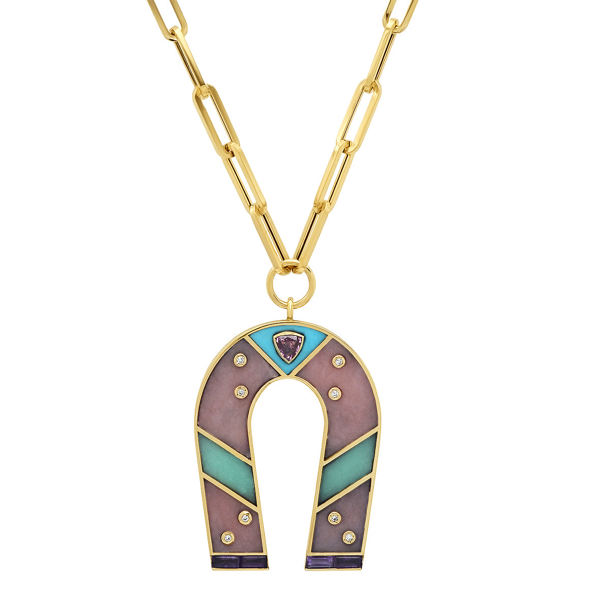 Sig Ward Jewelry 14K yellow gold horseshoe necklace featuring pink opal and chrysoprase gemstones, a luxury gemstone jewelry piece with an elegant design symbolizing luck, protection, and timeless beauty.